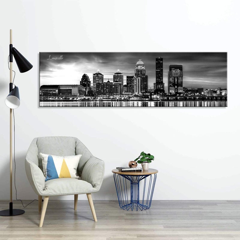 sunfrower Louisville Skyline Wall Art Kentucky Decor Black and White Cityscape Painting for Living Room Downtown Waterfront Park Panoramic Canvas Pictures Bedroom Kitchen Office Artwork Home Decorations 14x48" - Image 5
